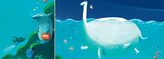 ARD Kinderradionacht - Ausschnitt aus dem Flyer - Zwei gemalte Wesen umgeben von Wasser