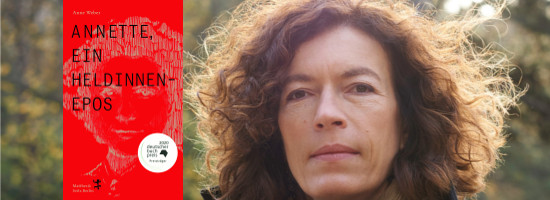 Buchcover „Annette. Ein Heldinnen-Epos“ vor Portrait der Autorin Anne Weber