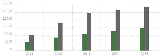 Diagramm: Bestand und Ausleihe in den Jahren 2011–2015
