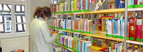 Medienbestand: Frau stöbert in Bücherregal.